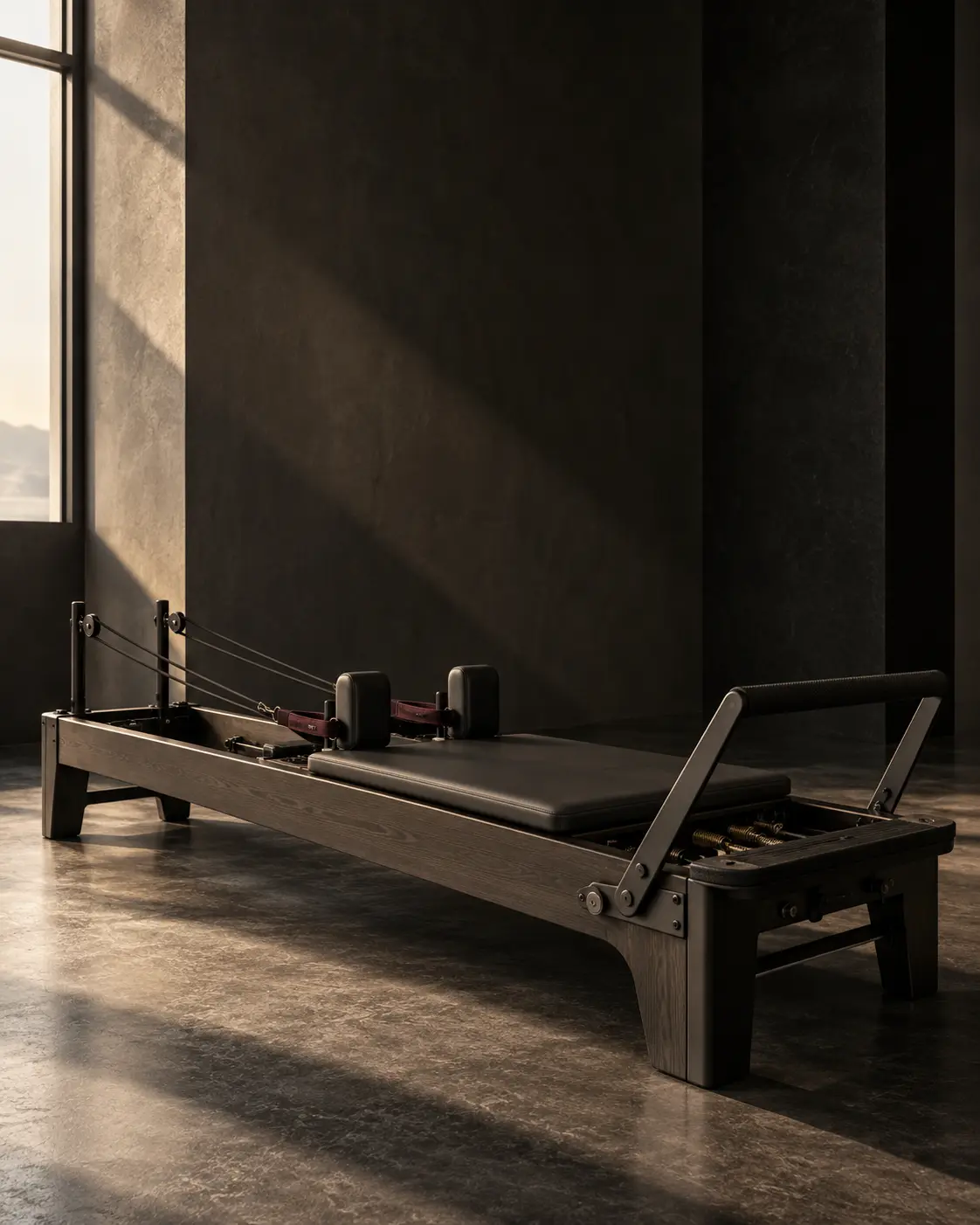 Pilates reformerek egy karakteres, sötét stúdióban